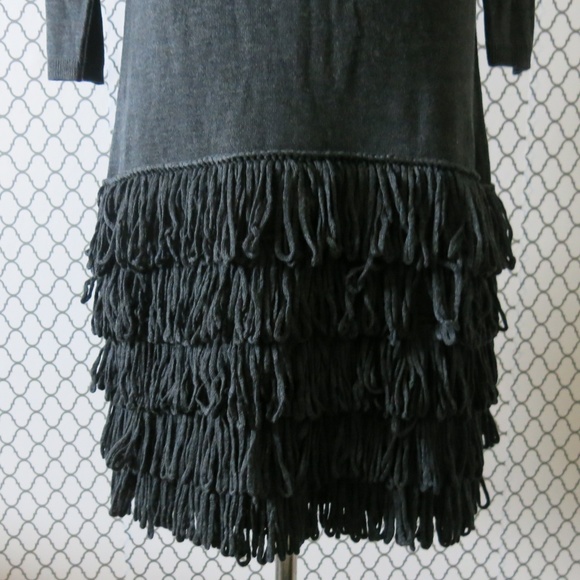 Calvin Klein Charcoal Gray 3/4 Sleeve Fringe Sweater Dress - Size Medium - Picture 3 of 6